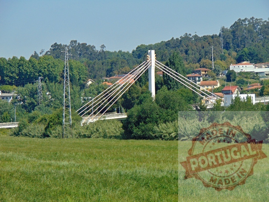 Modern cable-stayed bridge spanning green landscape with power lines. Portugal - Norte | Modern white cable-stayed bridge and power lines connecting areas over a green field and trees - Realized with Pictrs.com