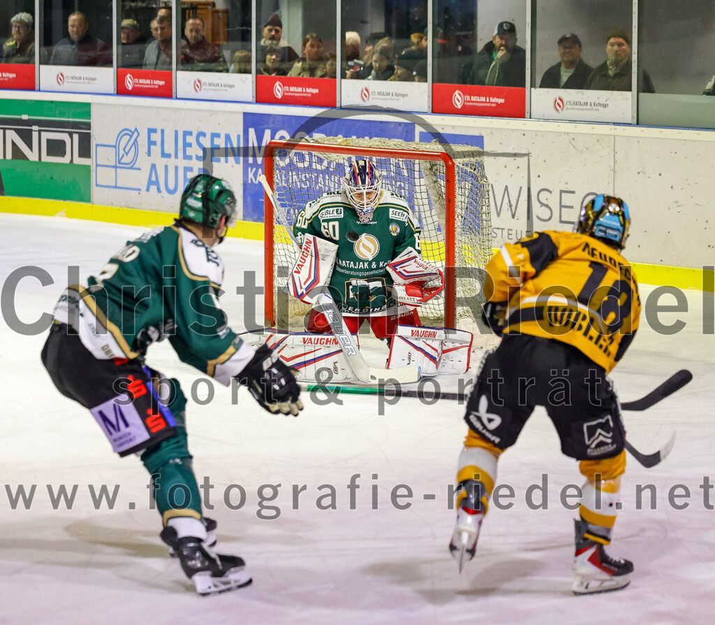 2026-02-27_096_TSV_Erding_gegen_EV_Fuessen | Erding, Deutschland, 27.02.2026:Eishockey, Oberliga Süd 2025 / 2026, 51. Spieltag, TSV Erding gegen EV Füssen, Endergebnis: 2:4Elia Ostwald (Erding Gladiators, #17), Torwart Raphael Fössinger (Erding Gladiators, #60), Bauer Neudecker (EV Füssen, #18)Foto: Christian Riedel / fotografie-riedel.net