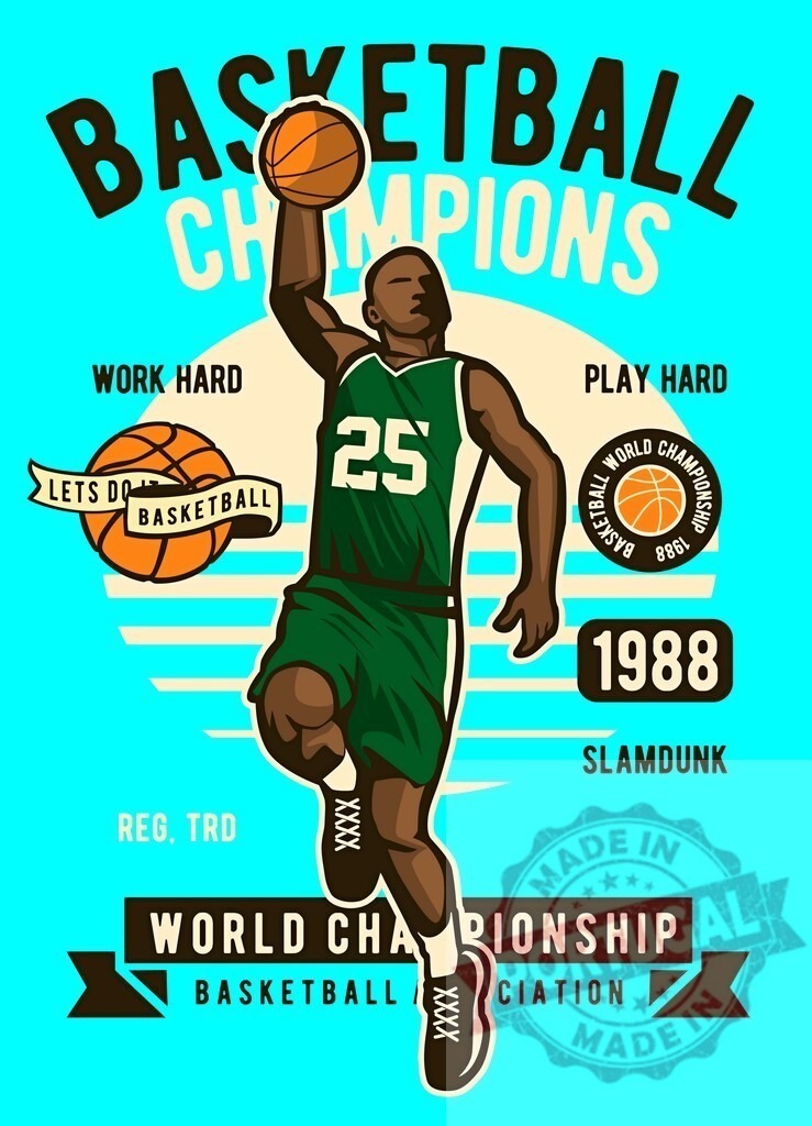 Basketball player performing slam dunk in vintage style | Basketball player performing a slam dunk with championship slogans and retro design elements - Realisiert mit Pictrs.com