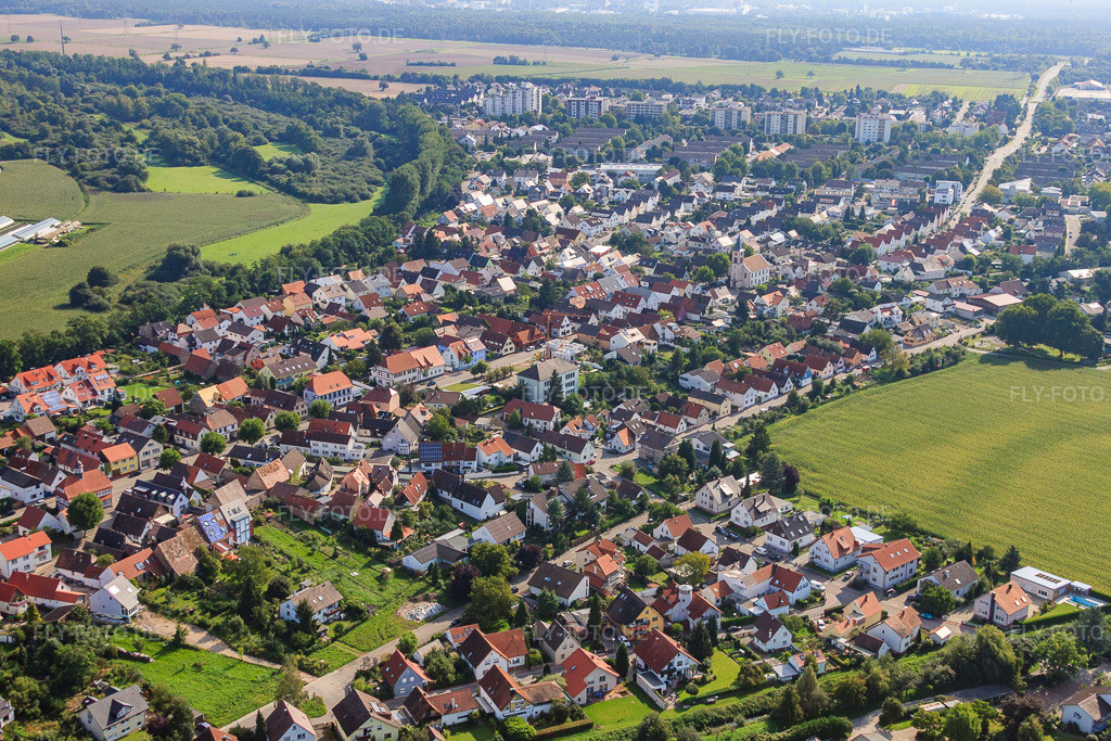 Luftbild: Ortsansicht von Südwesten im Ortsteil Leopoldshafen in Eggenstein-Leopoldshafen im Bundesland Baden-Württemberg in Deutschland. Foto: IMG_33220.jpg vom 05.09.2010 durch Werner Riehm/FLY-FOTO.deAuflösung des Originals: 4709 x 3139 px