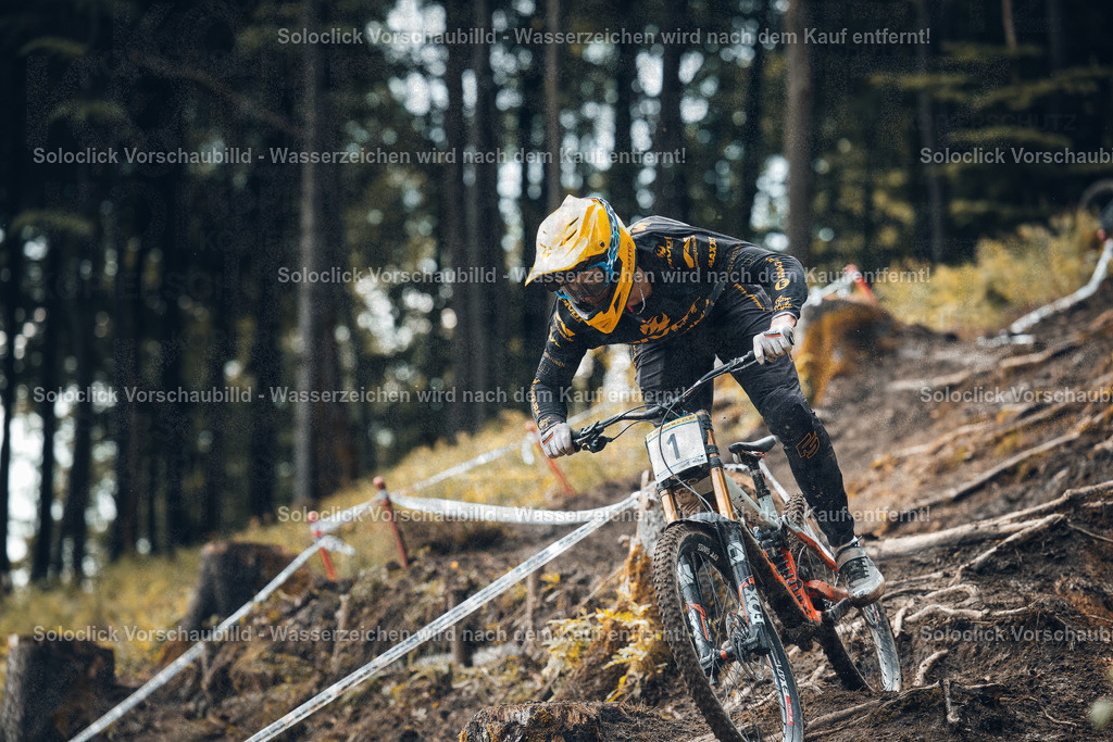 Adrenalin pur: Mountainbiker im Full Speed | Das Bild zeigt einen Mountainbiker in voller Montur, der einen steilen, bewaldeten Hang hinunter fährt. Der Biker trägt einen gelben Helm mit schwarzem Visier, eine schwarze Jacke und Hose mit auffälligen Logos. Er fährt ein Mountainbike mit roten Rahmen und schwarzen Komponenten. Im Hintergrund ist ein See und dichtes Waldgebiet zu sehen. Die Strecke ist mit roten und weißen Bändern markiert, was auf einen Wettkampf hindeutet. - Realisiert mit Pictrs.com