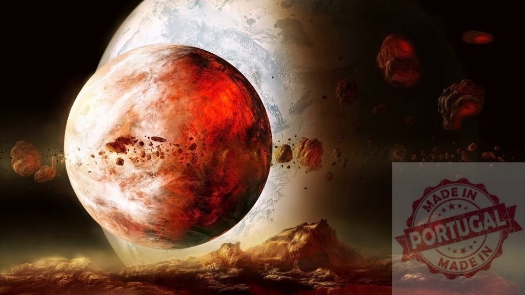 Colliding planets creating cosmic apocalypse in space | Exploding planet creating a ring of asteroids orbiting another planet in abstract cosmos - Realized with Pictrs.com
