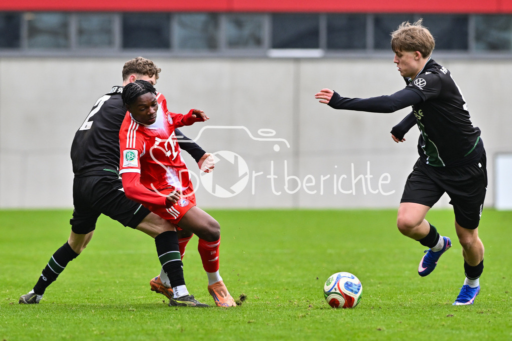 FC Bayern München - Hannover 96 | MUNICH, GERMANY - 15. FEBRUARY: v. l. Max BERGER (Hannover 96 U19 2), Uzorchukwu EGWUATU (FC Bayern München U19 13) und Oskar SCHWARZ (Hannover 96 U19 11) während dem Spiel zwischen der U19 des FC Bayern München und der U19 von Hannover 96 am 2. Spieltag der Hauptrunde der U19-DFB-Nachwuchsliga am FC Bayern Campus