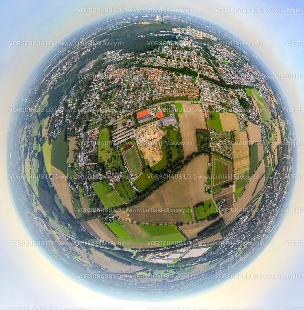 Bergkamen230990122 Freibad Am Haeupen | Luftbild, Baustelle Neubau Hallenbad am Sportzentrum Weddinghofen, Häupenweg, Erdkugel, Fisheye Aufnahme, Fischaugen Aufnahme, 360 Grad Aufnahme, tiny world, Weddinghofen, Bergkamen, Ruhrgebiet, Nordrhein-Westfalen, Deutschland