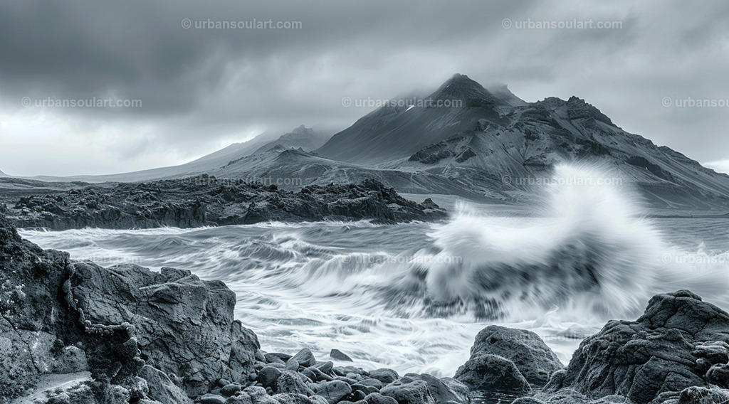 Iccelandic Ocean Wave With Mountain Background | Experience the power of Iceland's natural beauty with this dramatic black-and-white canvas of ocean waves crashing against rocky cliffs with majestic mountains in the background. Perfect for adding a bold, monochromatic statement piece that exudes strength and tranquility. - Realisiert mit Pictrs.com