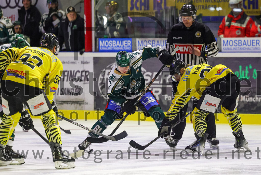 2025-12-28_058_TSV_Erding_gegen_onesto_Tigers_Bayreuth | Erding, Deutschland, 28.12.2025:Eishockey, Oberliga Süd 2025 / 2026, 31. Spieltag, TSV Erding gegen onesto Tigers Bayreuth, Endergebnis: 6:5 n.V.Dominik Piskor (onesto Tigers Bayreuth, #92), Dennis Miller (Erding Gladiators, #61)Foto: Christian Riedel / fotografie-riedel.net
