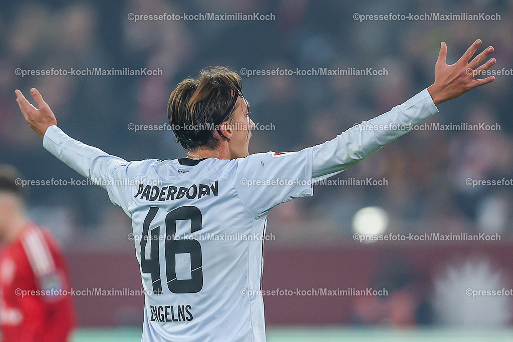Due0911240109602150 | 09.11.2024, Fußball, Fortuna Düsseldorf - SC Paderborn 07, 2. Bundesliga, Merkur Spiel-Arena, Saison 2024 2025: Luis Engelns (Paderborn #46) gestikulierend auf dem Spielfeld DFB regulations prohibit any use of photographs as image sequences and or quasi-video.