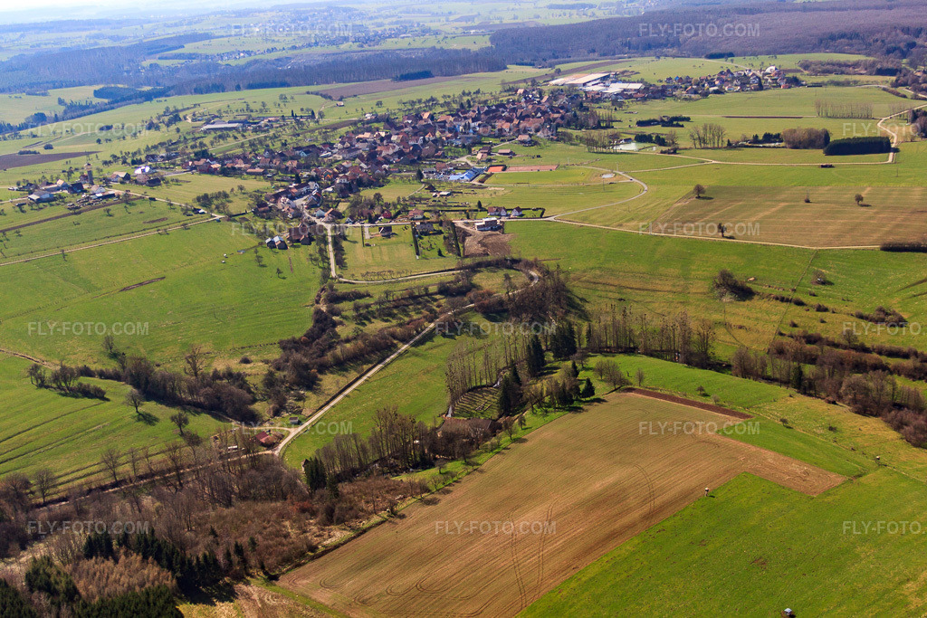 Aerial view: View of the town from the northeast in Waldhambach in the state Bas-Rhin, France. – Photo: IMG_38487.jpg taken on 03/20/2011 by Werner Riehm/FLY-FOTO.com – Resolution of the original: 4752 x 3168 px