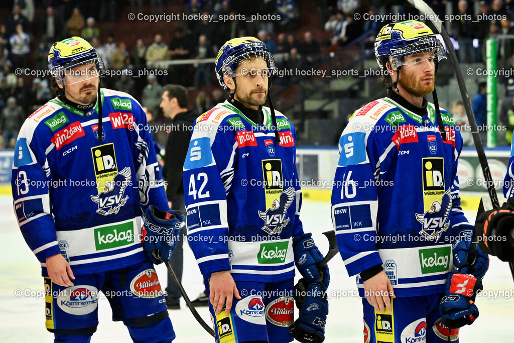 EC IDM WÄRMEPUMPEN VSV vs. MOSER MEDICAL GRAZ99ERS | Hängende Köpfe EC VSV, #13 Adam Helewka EC VSV, #42 Alex Wall EC VSV, #16 Kevin Hancock EC VSV, EC IDM WÄRMEPUMPEN VSV vs. MOSER MEDICAL GRAZ99ERS, EC IDM WÄRMEPUMPEN VSV vs. MOSER MEDICAL GRAZ99ERS am 17.03.2026 in Villach (Stadthalle Villach), Austria, (Photo by Bernd Stefan)