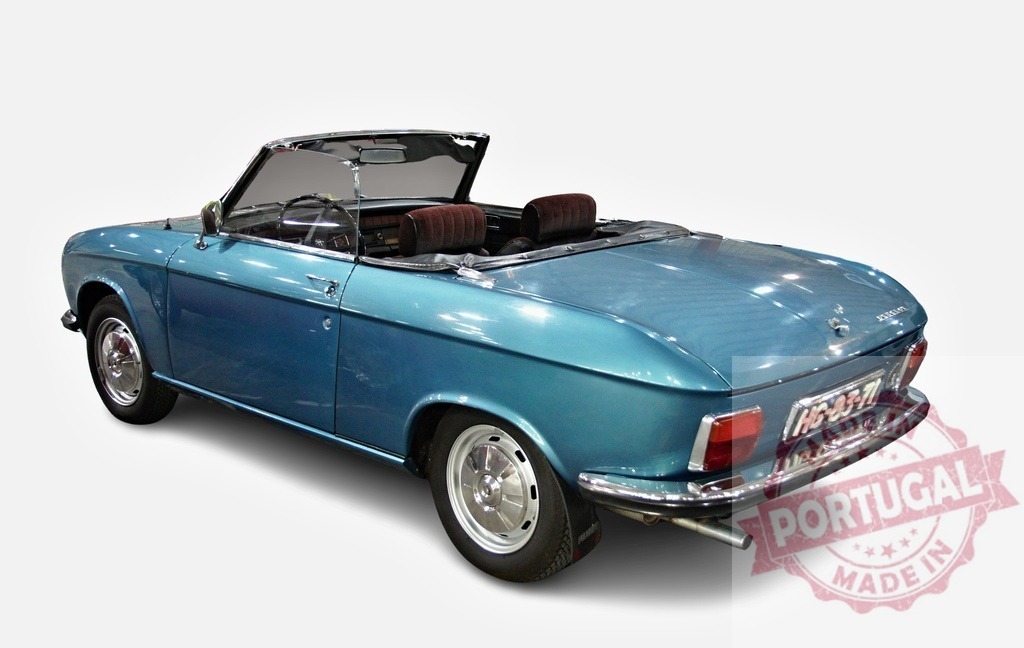Light blue Peugeot 304 cabriolet parked with open roof showing red seats | Vintage light blue Peugeot 304 cabriolet parked with open roof showing red seats on white background - Realized with Pictrs.com