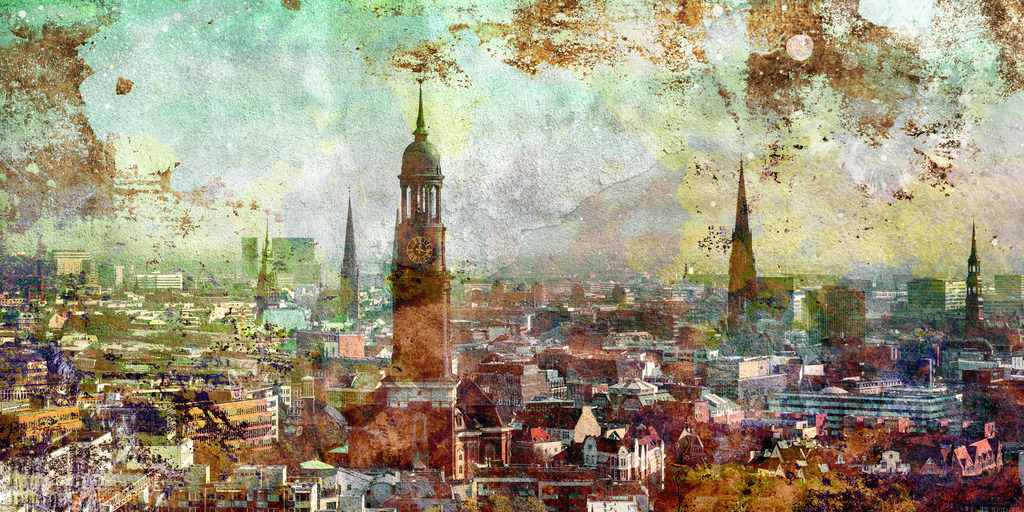 10230415 - Blick auf den Michel | Blick auf den Michel und Hamburg City. Ein modernes Hamburg Wandbild das durch den Mix von Fotografie und abstrakten Strukturen zu einem ganz besonderen Kunstwerk wird.