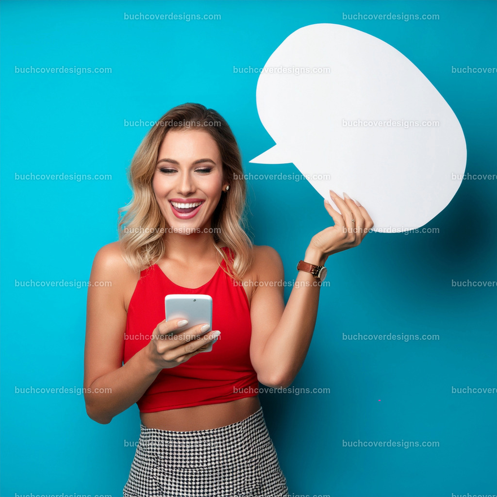 frau mit Mobile Telefon und Sprechblase (5) | Entdecken Sie kreative Buch Cover Designs für Self-Publishing-Autoren und Verlage! Unsere maßgeschneiderten Designs ziehen Leser an und bringen Ihre Geschichten visuell zum Leben. Lassen Sie uns Ihr perfektes Cover gestalten!