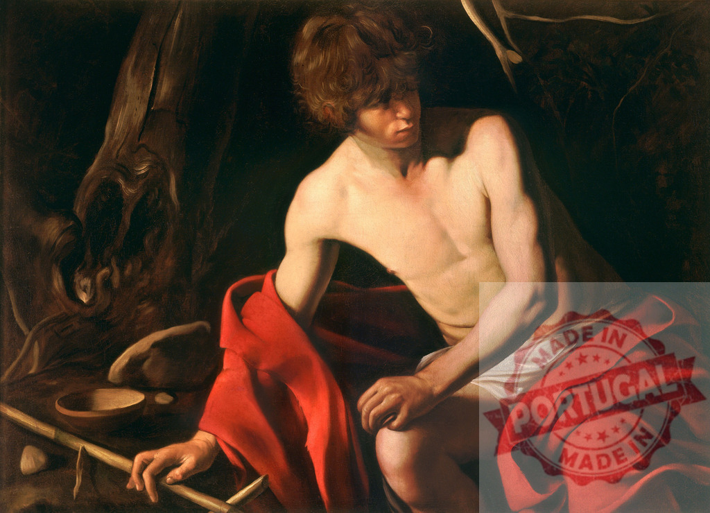 Art by Carravagio Caravaggio Saint John the Baptist baroque painting | Youthful Saint John the Baptist sitting in a dark landscape, Caravaggio religious art - Realized with Pictrs.com