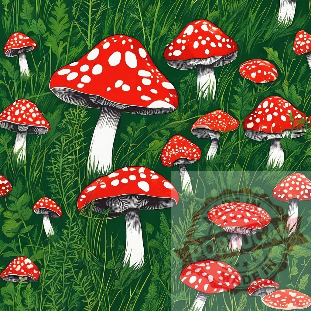 Red fly agaric mushrooms in green grass pattern | Red Amanita muscaria mushrooms with white spots growing in a vibrant green forest floor - Realized with Pictrs.com
