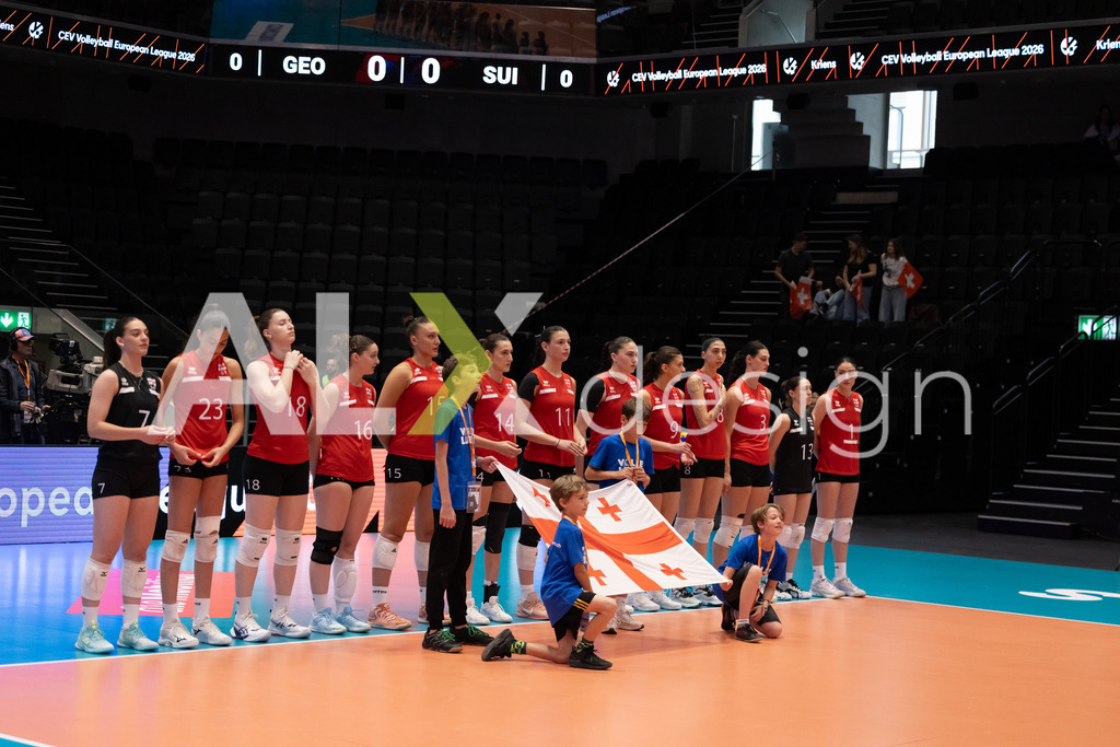 Georgia v Switzerland - CEV European League Women | KRIENS, SWITZERLAND - JUNE 12: Team of Georgia during the national anthem at the CEV European League match between Georgia and Switzerland at Pilatus Arena on June 12, 2026 in Kriens, Switzerland. - Realisiert mit Pictrs.com