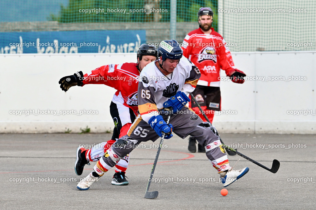 VAS Ballhockey vs. HSC Eagles Poggersdorf | #65 Ortner Stefan, #9 Götzhaber Daniel, VAS Ballhockey vs. HSC Eagles Poggersdorf, VAS Ballhockey vs. HSC Eagles Poggersdorf am 14.07.2024 in Villach (Alpen Arena ), Austria, (Photo by Bernd Stefan)
