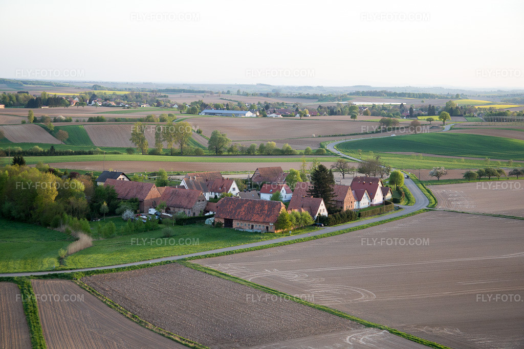 Aerial view: Frohnackerhof in Schleithal in the state Bas-Rhin, France.Photo: IMG_078029.jpg taken on 04/24/2015 by Werner Riehm/FLY-FOTO.comResolution of the original: 5472 x 3648 px