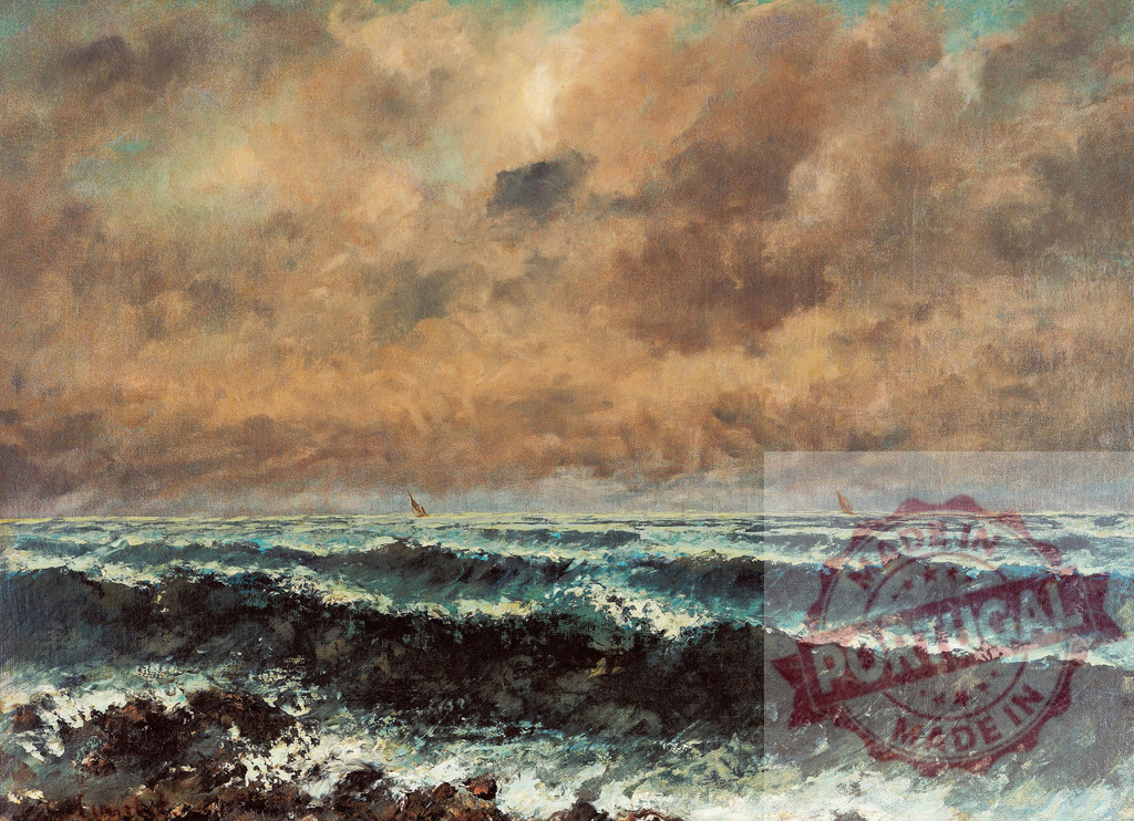 Gustave Courbet Stormy seascape painting with crashing waves and sailboats | Oil painting depicting a rough sea under a dramatic sky with heavy clouds and distant sailing boats - Realisiert mit Pictrs.com