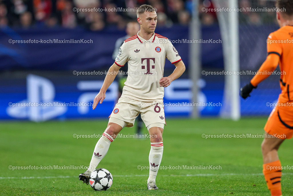 UCL10122402214 | 10.12.2024, Fußball, UEFA Champions League, Schachtar Donezk - FC Bayern München, Arena AufSchalke Gelsenkirchen, 8. Spieltag Saison 2024 2025: Joshua Kimmich (Bayern #6)DFB regulations prohibit any use of photographs as image sequences and or quasi-video.
