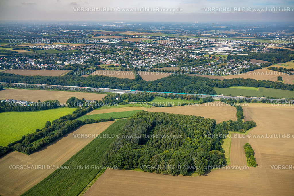 Holzwickede230901401 | Luftbild, Waldstück Voßkuhle mit Blick zur Autobahn A1 und zum Flughafen Dortmund, Opherdicke, Holzwickede, Ruhrgebiet, Nordrhein-Westfalen, Deutschland