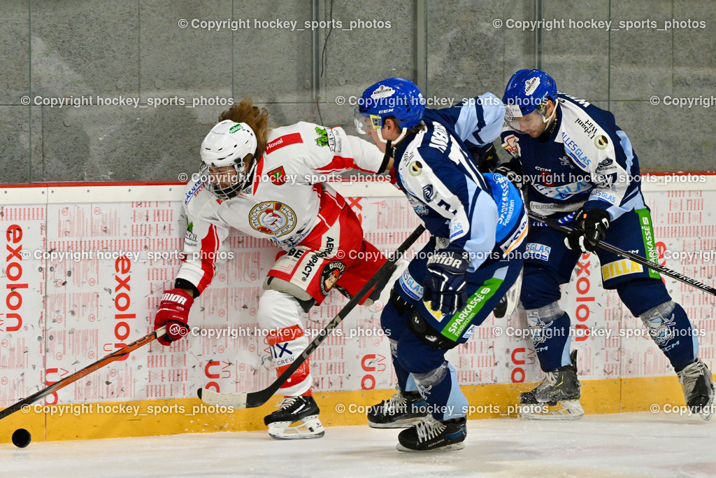 ESV FERLACH vs. ESC SOCCERZONE STEINDORF | #9 Steiner Markus ESV Ferlach, #72 Hobitsch Samuel ESC Steindorf, #57 Wilfan Franz ESC Steindorf, ESV FERLACH vs. ESC SOCCERZONE STEINDORF, ESV FERLACH vs. ESC SOCCERZONE STEINDORF am 22.11.2024 in Ferlach (Eishalle Ferlach ), Austria, (Photo by Bernd Stefan)