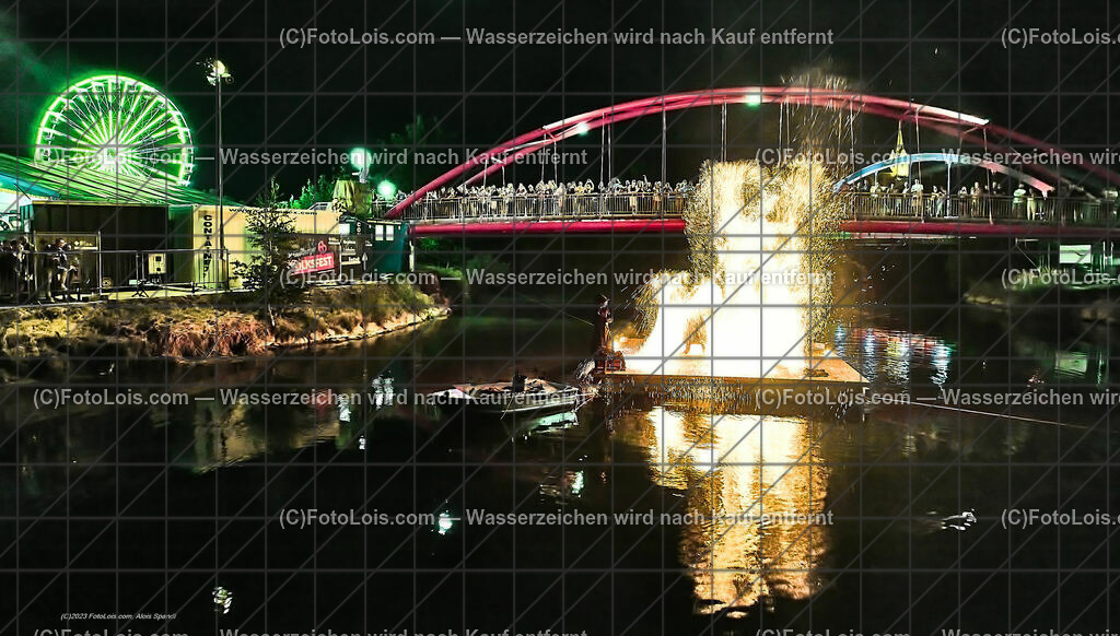 0617_Luftbild_VOLKSFEST-Wlbg_InselFeuer-Show | (C)FotoLois.com, Alois Spandl, Luftbild, Wieselburger VOLKSFEST neu, Feuershow auf der Erlaufinsel unter den Brücken, Do 29. Juni 2023.