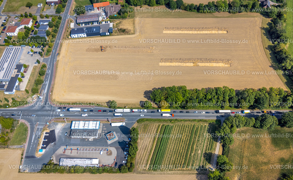 Hamm220809937Rhynern | Luftbild, Baugebiet Oberallener Weg, Freifläche Gewerbegebiet Rhynern, Bundesstraße B63, Aral Tankstelle, Rhynern, Hamm, Ruhrgebiet, Nordrhein-Westfalen, Deutschland