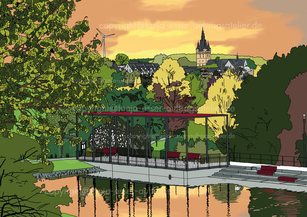 Kurpark bunt | Illustration vom Kurpark mit Panoramablick auf Briloner Propsteikirche. Im Vordergrund sind üppige Bäume. In der Mitte ist ein Teich und im Hintergrund sind einige Gebäude zu sehen. Bunte Herbstfarben. 