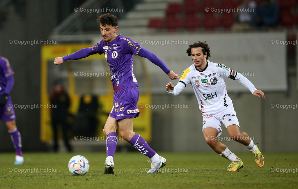 A_LUI_18022023_01 | SPORT,FUSSBALL,ADMIRAL BUNDESLIGA AUSTRIA KLAGENFURT-WOLFSBERGER AC 18.02.2023
IM BILD. VESEL DEMAKU (KLAGENFURT) UND MATTHAEUS TAFERNER (WOLFSBERG) FOTO.FOTOLUI/MARIO WIMMER