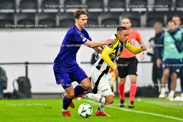 AUT, Fussball UEFA Conference League MD1, LASK (AUT) vs Djurgardens IF (SWE) | 03.10.2024, Oberoesterreich Arena Linz, AUT, UEFA Conference League MD1, LASK (AUT) vs Djurgardens IF (SWE), im Bild Miro Tenho of Djurgardens IF vs Marin Ljubicic of Lask// UEFA Conference League MD1, LASK Linz (AUT) vs Djurgardens IF (SWE) in Linz, Austria on 2024/10/03