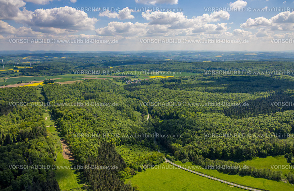 Nieheim240504606BootImHaus | Luftbild, NSG Naturschutzgebiet Hinnenburger Forst mit Emder Bachtal, Waldgebiet mit Wiesen und Feldern, Fernsicht mit blauem Himmel und Wolken, Nieheim, Ostwestfalen, Nordrhein-Westfalen, Deutschland