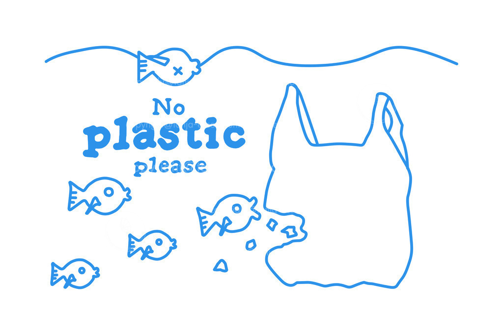 157 a Plastiktüten im Meer | Außenlinien zeigen eine Plastiktüte im Meer. Ein Schwarm Fische schluckt kleine Teile Mikroplastik. Ein Fisch ist daran gestorben. Konzept Illustration zum Thema Umweltverschmutzung. Englischer Text: Bitte kein Plastik.