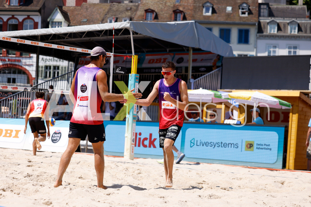 Obi BeachTour 2026 - Basel | BASEL, SWITZERLAND - JULY 18: YANN BORTOLUZZI (SUI) and GAÉTAN JAUFFRET (SUI) during the Obi BeachTour 2026 match between MASSEREY / SCHNEGG (SUI) and BORTOLUZZI / JAUFFRET (SUI) at Barfüsserplatz on July 18, 2026 in Basel, Switzerland. - Realisiert mit Pictrs.com