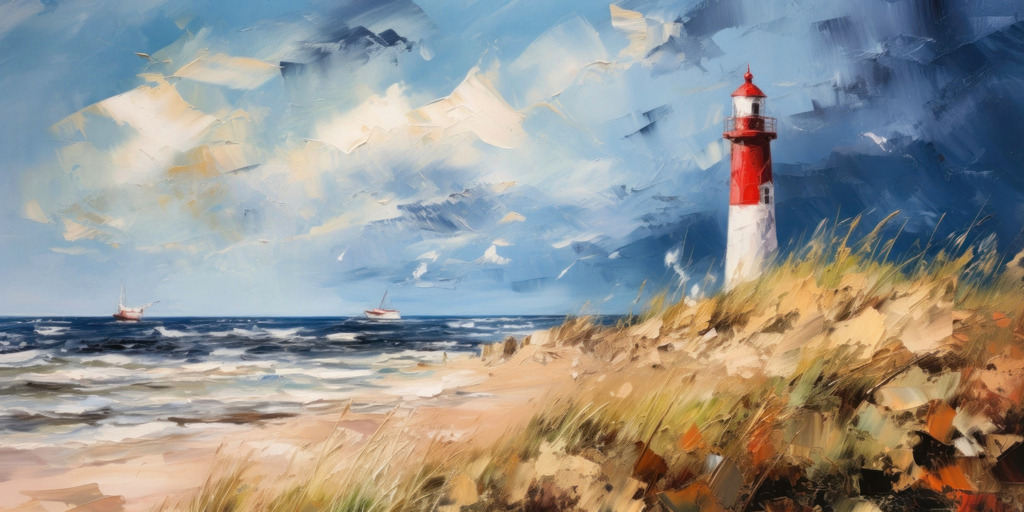 2311032 - Leuchtturm am stürmischen Strand | Maritimes Motiv im Stil eines Gemäldes.