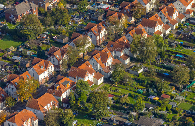 Luenen241012504 | Luftbild, Alte Kolonie - Zechensiedlung Lünen Brambauer, Reihenhäuser mit roten Dächern und Gartenanlagen, Brambauer, Lünen, Ruhrgebiet, Nordrhein-Westfalen, Deutschland