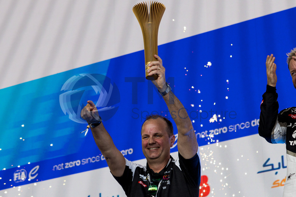 GEPA-20230422-101-147-0092-2 | BERLIN,GERMANY,22.APR.23 - MOTORSPORTS, FORMEL E - E-Prix of Berlin, Berliner Tempelhof Airport Circuit. Image shows jaguars teamchef. Keywords: podium, trophy.
Photo: GEPA pictures/ Matthias Trinkl