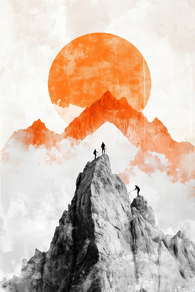 2501019 - Gipfelstürmer | Modernes illustratives Wandbild einer alpinen Szene im Retro Look.