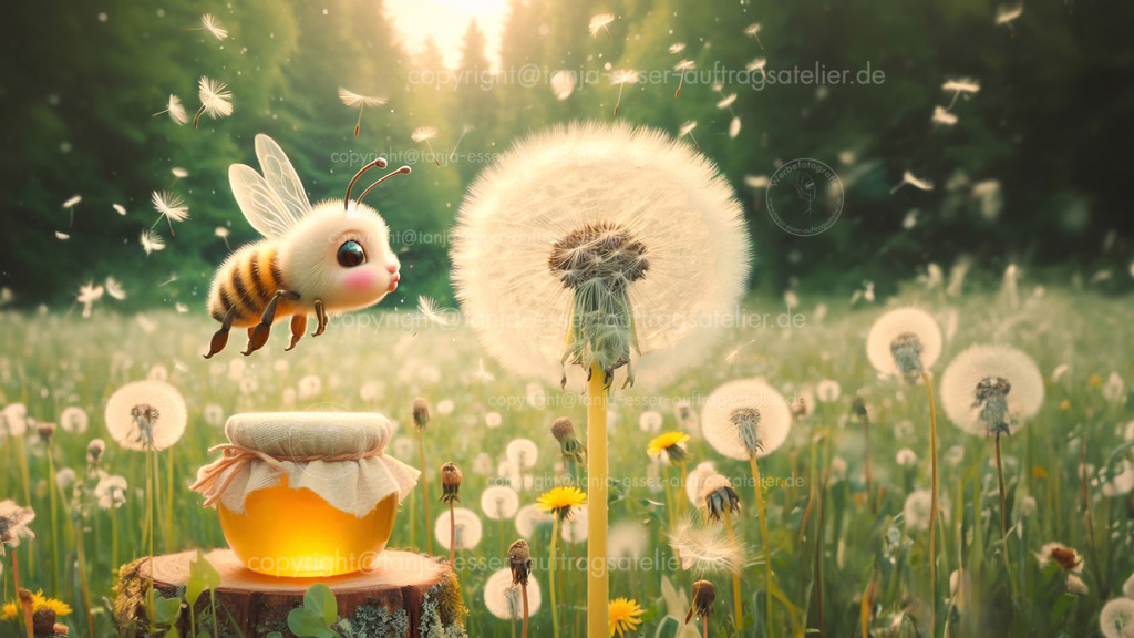 Niedliche Honigbiene auf einer Wildwiese mit einem Glas Honig | Honig Glas auf einer wilden Wiese. Eine niedliche Biene pustet die Pollen einer Pusteblume. Die Flugsamen fliegen. KI generiertes Bild.