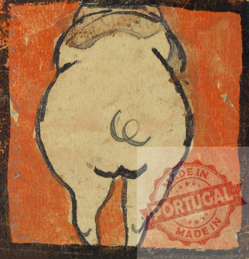 Egon Schiele Pig rear view medieval manuscript illustration | Pig showing its back and curly tail, ancient drawing on textured paper - Realized with Pictrs.com