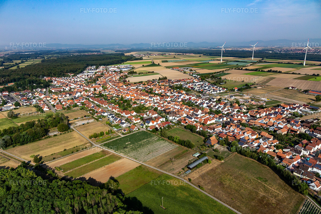 Luftbild: Ortsansicht am Rande von landwirtschaftlichen Feldern und Nutzflächen in Hatzenbühl im Bundesland Rheinland-Pfalz in Deutschland. Foto: IMG_122214.jpg vom 11.08.2020 durch Werner Riehm/FLY-FOTO.de