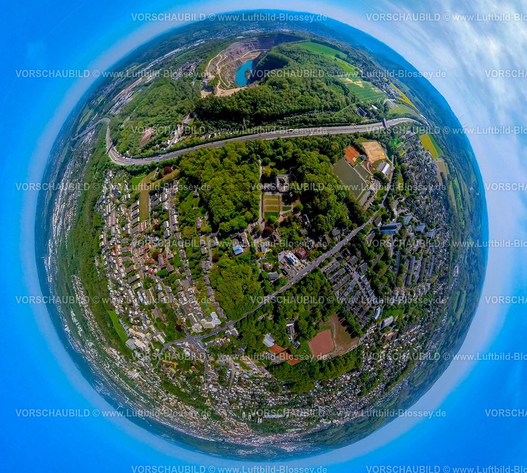 Hagen240590246Eppenhausen_Jugendstil-Villa-Hohenhof | Luftbild, Jugendstil Villa Hohenhof des Osthaus-Museums, Bezirkssportanlage Emst, Autobahn A45 Sauerlandlinie, oben der Steinbruch Donnerkuhle, Erdkugel, Fisheye Aufnahme, Fischaugen Aufnahme, 360 Grad Aufnahme, tiny world, little planet, fisheye Bild, Emst, Hagen, Ruhrgebiet, Nordrhein-Westfalen, Deutschland