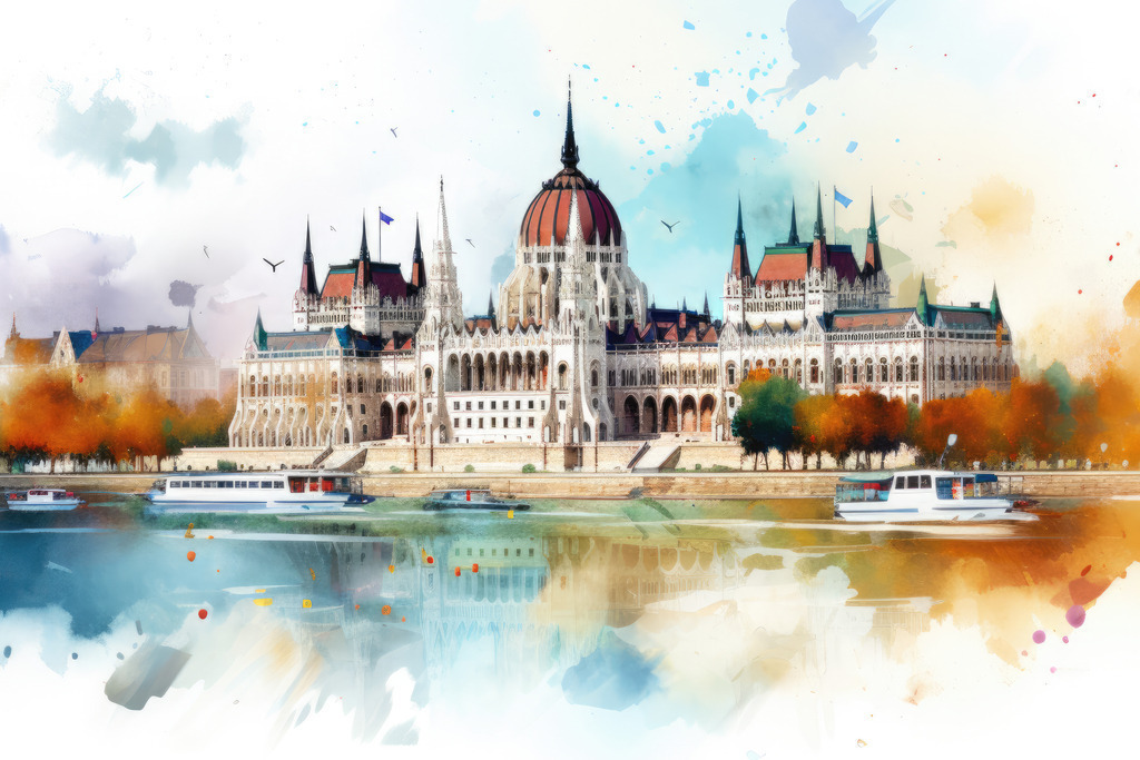 2308044 - Budapest Parlament | Digitales Gemälde im Aquarell-Stil. Bestellen Sie dieses Motiv als hochwertigen Kunstdruck auf Leinwand, Acrylglas, Dibond oder als Poster.