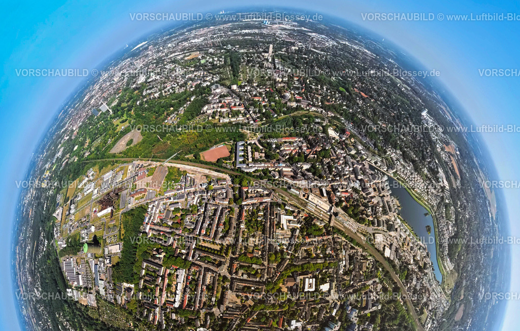 Dortmund250809463bPhoenix-Ost_Phoenix-West_Phoenixsee | Luftbild, Wohngebiet Ortsansicht Ortsteil Hörde mit Phoenix-See, Gewerbegebiet Technologiepark und Dienstleistungsstandort Phoenix-West, Bahnhof Dortmund-Hörde, Erdkugel, Fisheye Aufnahme, Fischaugen Aufnahme, 360 Grad Aufnahme, tiny world, little planet, fisheye Bild, Hörde, Dortmund, Ruhrgebiet, Nordrhein-Westfalen, Deutschland