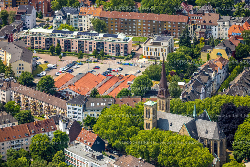 Herne250602130 | Luftbild, Marktplatz Siepenstraße und Herz-Jesu-Kirche, Herne-Mitte, Herne, Ruhrgebiet, Nordrhein-Westfalen, Deutschland
