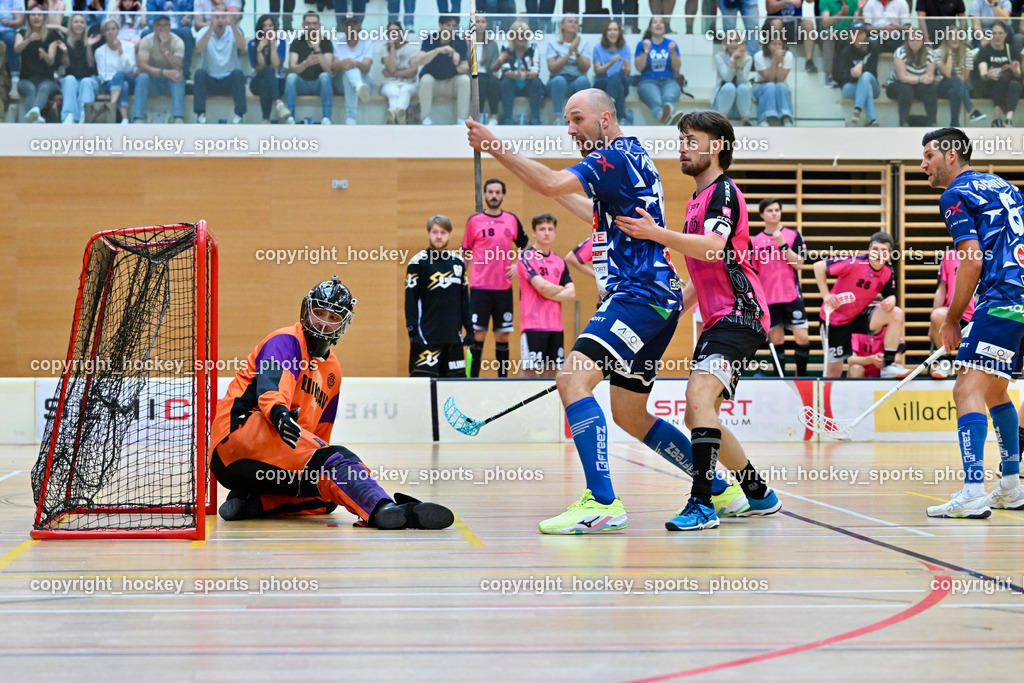 VSV Unihockey vs. Wiener Floorball Verein | #80 BEZUCHA Bernhard Wiener Floorballverein, #13 Jan Sláma VSV Unihockey, #10 HORN Philipp Wiener Floorballverein, #6 Timo Schmid VSV Unihockey, VSV Unihockey vs. Wiener Floorball Verein, VSV Unihockey vs. Wiener Floorball Verein am 18.05.2025 in Villach (Ballspielhalle St. Martin), Austria, (Photo by Bernd Stefan)