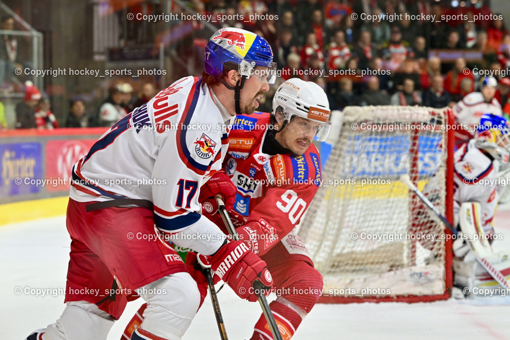 EC KAC vs. EC Red Bull Salzburb | #17 Kosmachuk Scott EC RED BULL SALZBURG,  #90 Fraser Matthew EC KAC, EC KAC vs. EC Red Bull Salzburb, EC KAC vs. EC Red Bull Salzburb am 04.04.2025 in Klagenfurt (Heidi Horten Arena), Austria, (Photo by Bernd Stefan)