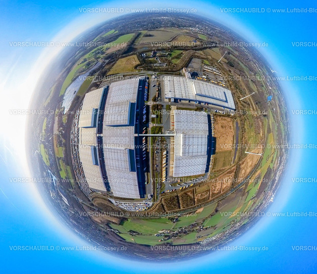 Dortmund240190047 IKEA_Ellinghausen | Luftbild, IKEA Distribution Services Warenlager, Erdkugel, Fisheye Aufnahme, Fischaugen Aufnahme, 360 Grad Aufnahme, tiny world, little planet, fisheye Bild, Schwieringhausen, Dortmund, Ruhrgebiet, Nordrhein-Westfalen, Deutschland