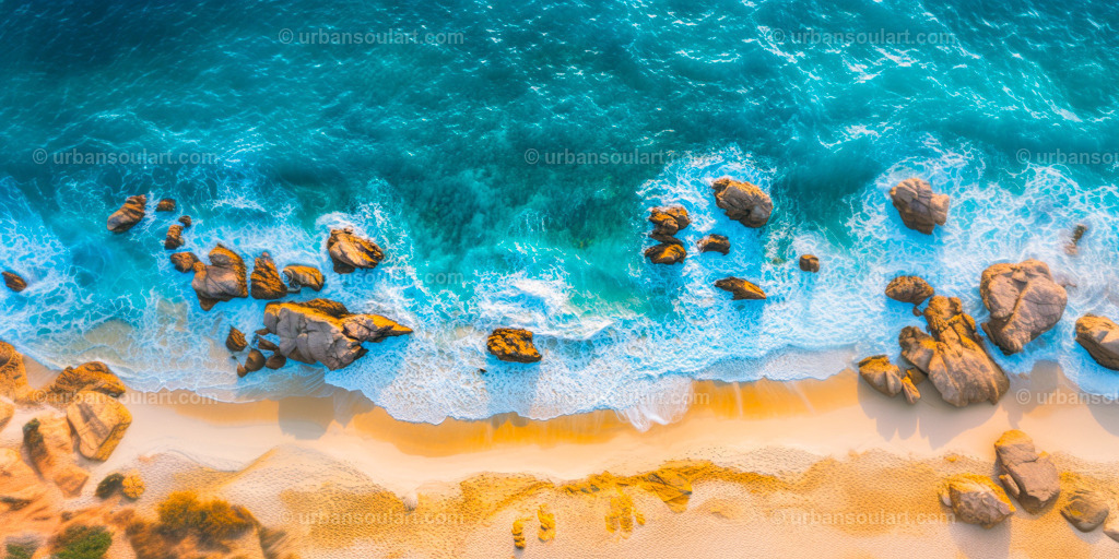 Beautiful Beach With Rocks | This stunning view captures a tranquil beach with golden sands and scattered rocky formations against a pristine blue ocean. Ideal for adding a coastal vibe to any space, this canvas evokes relaxation and the soothing sounds of waves gently hitting the shore. - Realisiert mit Pictrs.com