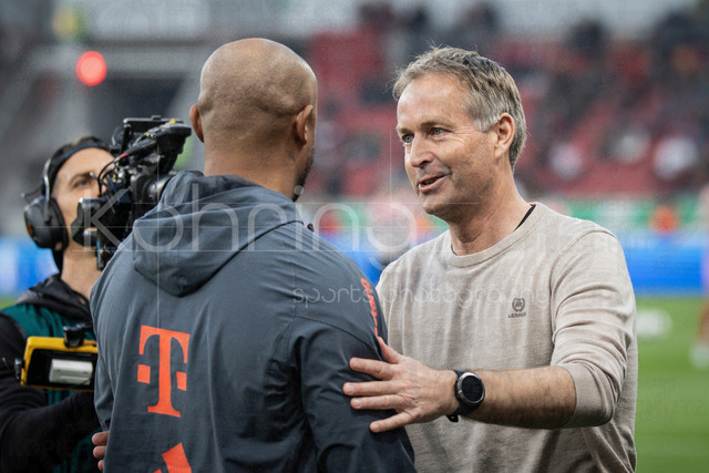 DFB Cup semifinal match Bayer 04 Leverkusen vs. FC Bayern Munich, 22.04.2026 | LEVERKUSEN, GERMANY - APRIL 22, 2026: Vincent Kompany (Head Coach FC Bayern Muenchen) and Kasper Hjulmand (Head Coach Bayer 04 Leverkusen) before  the German DFB Cup semifinal match between Bayer 04 Leverkusen vs. FC Bayern Munich at BayArena on April 22, 2026 in Leverkusen, Germany. DFL REGULATIONS PROHIBIT ANY USE OF PHOTOGRAPHS AS IMAGE SEQUENCES AND/OR QUASI-VIDEO.