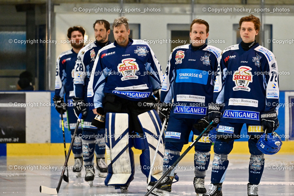 ESC SOCCERZONE STEINDORF vs. 1. EHC ALTHOFEN | ESC Steindorf Mannschaft, #72 Hobitsch Samuel ESC Steindorf, #64 Stichauner Fabian ESC Steindorf, ESC SOCCERZONE STEINDORF vs. 1. EHC ALTHOFEN, ESC SOCCERZONE STEINDORF vs. 1. EHC ALTHOFEN am 28.02.2025 in Steindorf (Ossiachersee Halle), Austria, (Photo by Bernd Stefan)